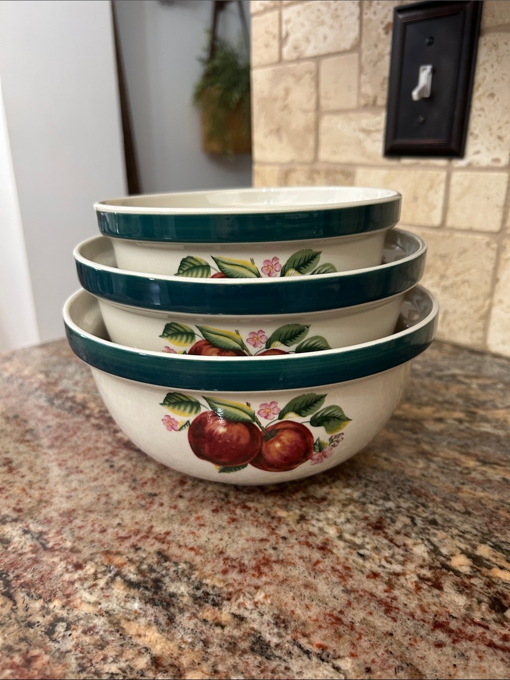 Casuals by China Pearl Ceramic Apple-Print Mixing Bowls - Set of 3 (Green Trim)